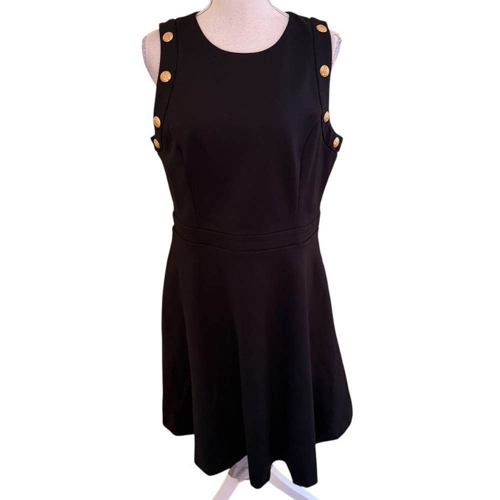 White House Black Market Black Ponte Sleeveless Aline Dress /Gold Button Trim - Picture 2 of 11